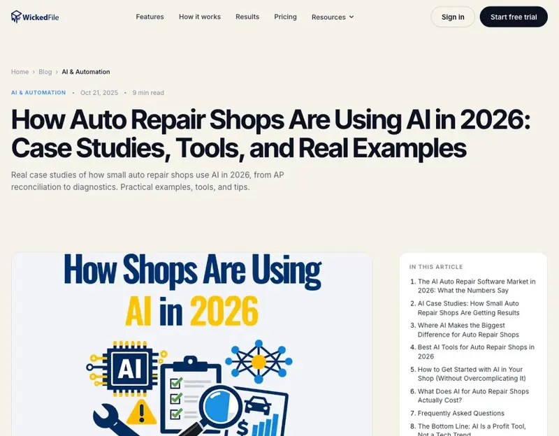 WickedFile’s 2026 roundup of how auto repair shops actually use AI