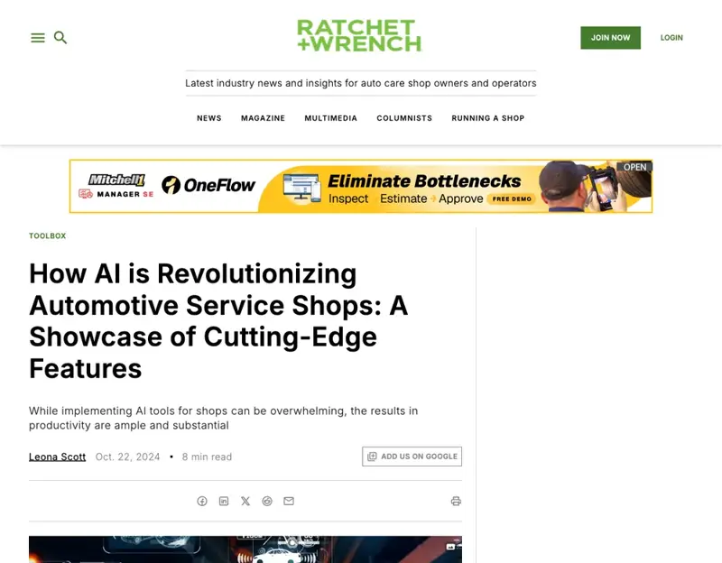 Trade press coverage of AI features arriving in automotive service shops
