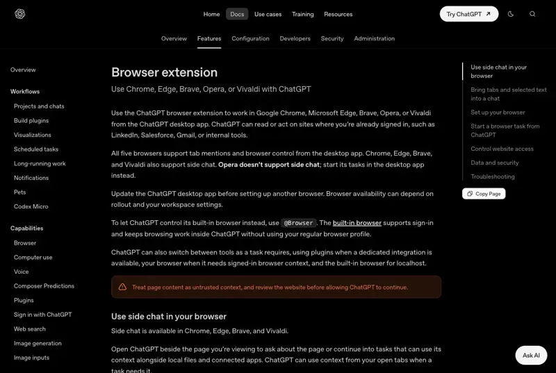 OpenAI’s ChatGPT Learn documentation page titled Browser extension, with the opening paragraph that says ChatGPT can read or act on sites where you’re already signed in, such as LinkedIn, Salesforce, Gmail, or internal tools, and a warning to treat page content as untrusted