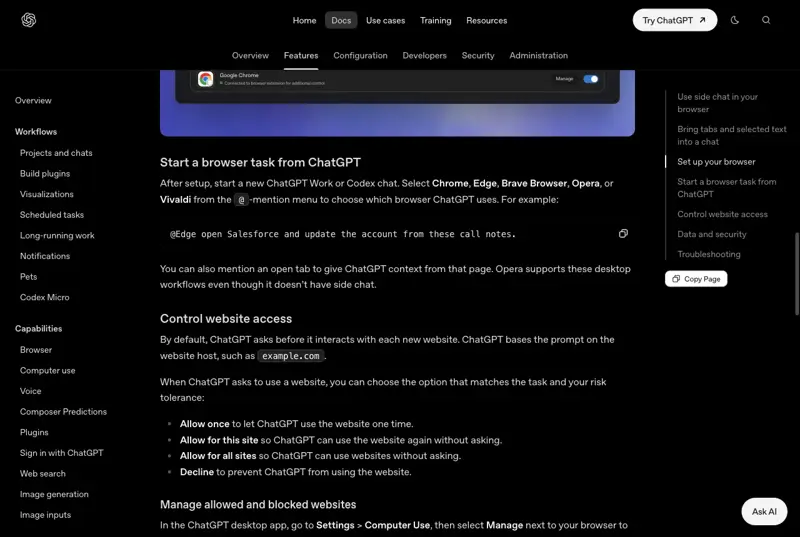 OpenAI’s documentation section Control website access, listing Allow once, Allow for this site, Allow for all sites, and Decline, with the line that by default ChatGPT asks before it interacts with each new website