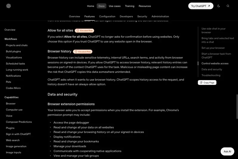 OpenAI’s documentation showing Allow for all sites and Browser history both labeled Elevated Risk, followed by the Data and security section listing the permissions Chrome may show when you install the extension