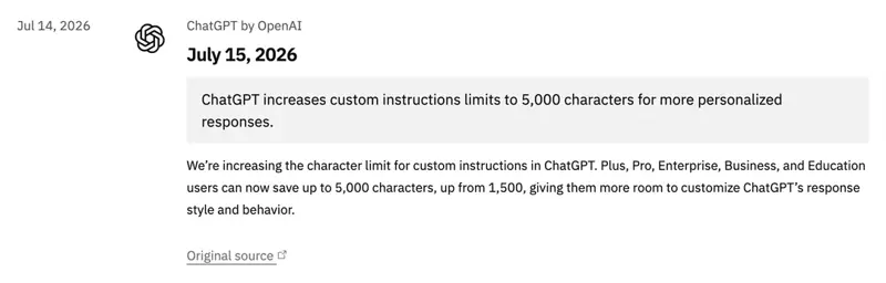 OpenAI’s July 15, 2026 release note raising ChatGPT custom instructions to 5,000 characters