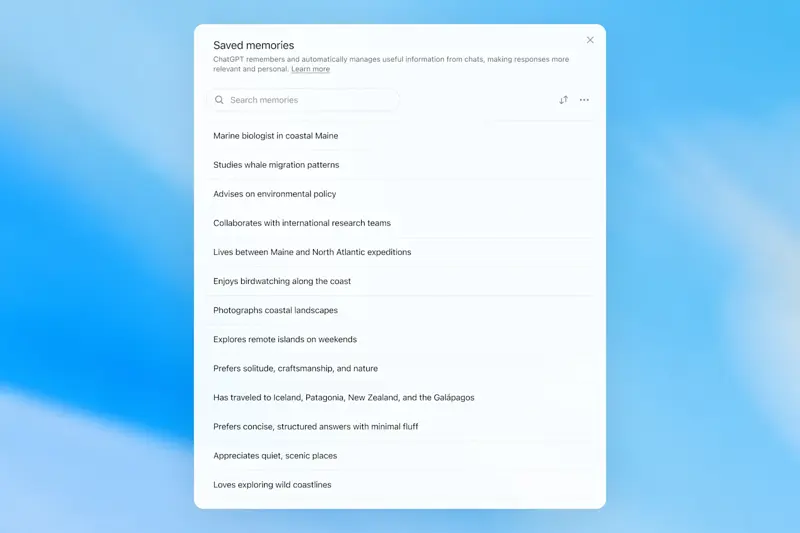 ChatGPT’s saved-memories list — a searchable modal of personal details like work, interests, travel, and response preferences