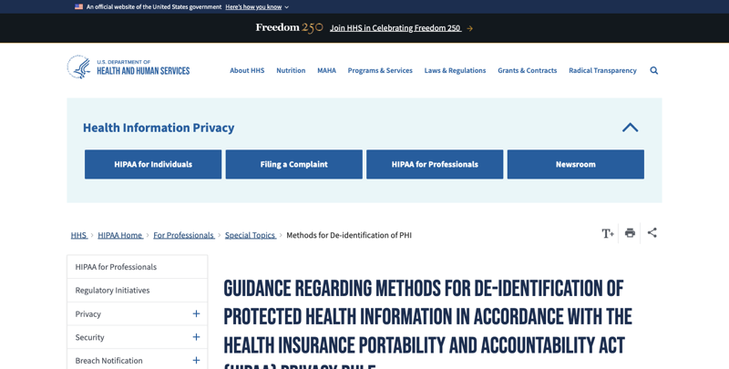 HHS Office for Civil Rights guidance page on methods for de-identifying protected health information under HIPAA