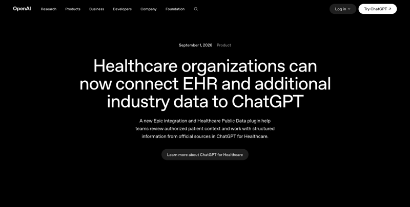 OpenAI’s official announcement page describing the new Epic EHR integration and Healthcare Public Data plugin for ChatGPT, published September 1, 2026