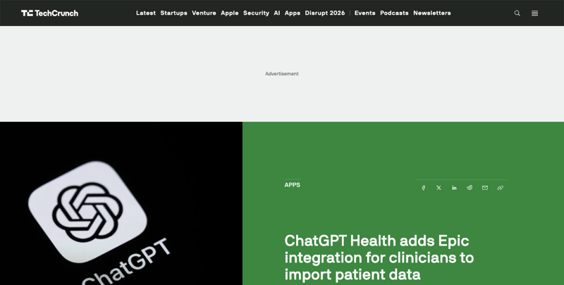 TechCrunch’s September 1, 2026 headline covering OpenAI’s ChatGPT Health Epic integration for clinicians