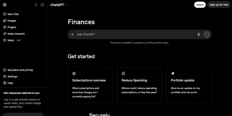 The logged-out chatgpt.com/finances page showing starter prompts: Subscriptions overview, Reduce Spending, and Portfolio update, with a line that still says Plus and Pro users