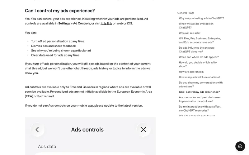 OpenAI help center section “Can I control my ads experience?” showing how to turn off ad personalization in Settings and Ad Controls