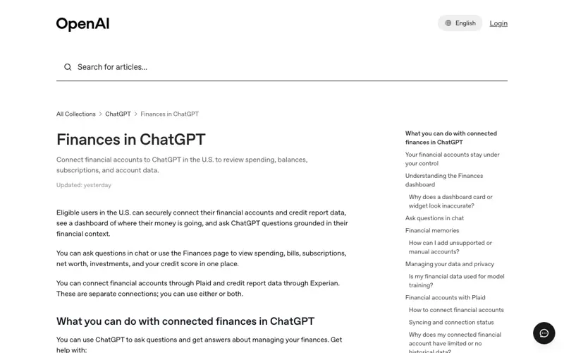 OpenAI’s Finances in ChatGPT help center page, updated yesterday, explaining that users can connect financial accounts and credit report data