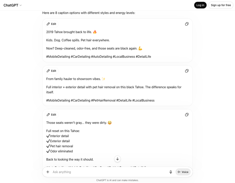 ChatGPT genera ocho captions listos para publicar en Instagram sobre el detallado interior de una SUV, con voz de detailer y hashtags locales.