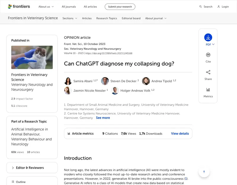 The Frontiers in Veterinary Science study titled “Can ChatGPT diagnose my collapsing dog?”