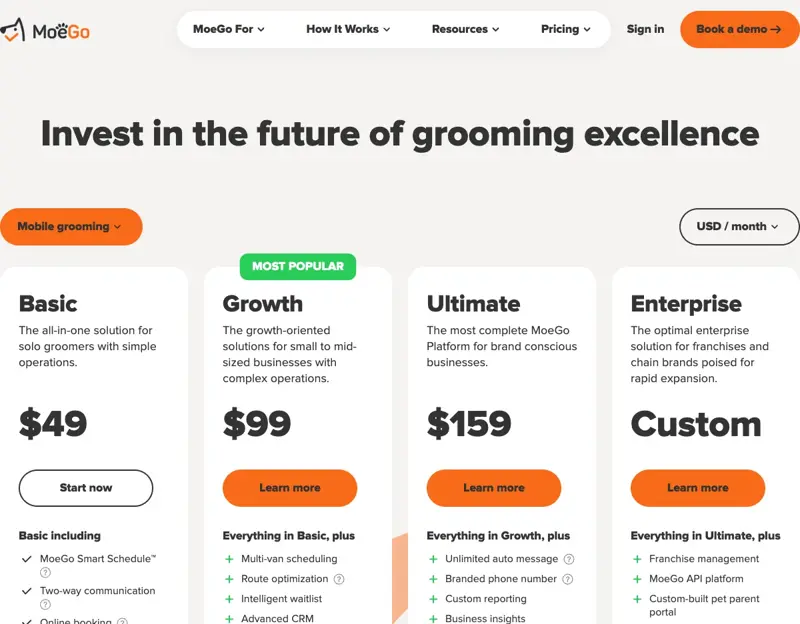 MoeGo’s pricing page showing Basic at $49, Growth at $99, and Ultimate at $159 per month