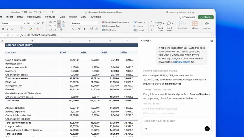 ChatGPT for Excel sidebar showing a financial valuation model: balance sheet projections on the left, ChatGPT panel on the right analyzing RVI holdings, EPS impact, and valuation scenarios using filings and consensus data