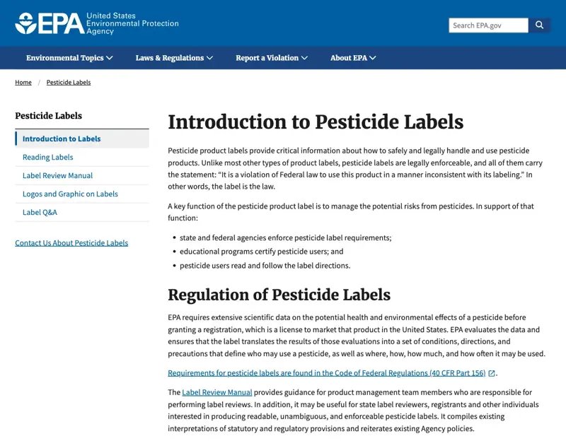 EPA’s Introduction to Pesticide Labels page stating that pesticide labels are legally enforceable