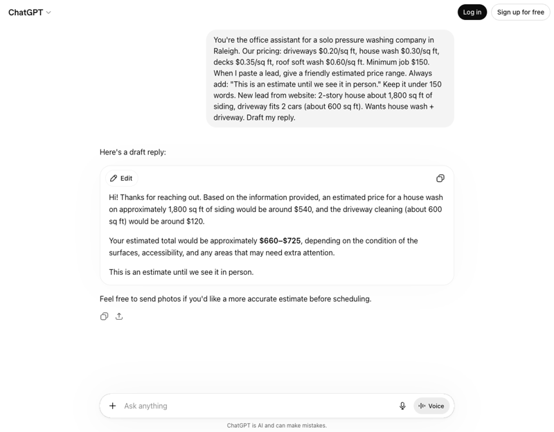 ChatGPT turning a website lead into a friendly, ready-to-send price estimate using the company’s own per-square-foot pricing and minimum.
