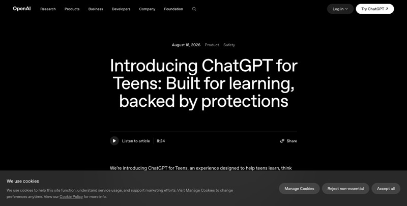 OpenAI’s official announcement page for “Introducing ChatGPT for Teens: Built for learning, backed by protections,” published August 18, 2026