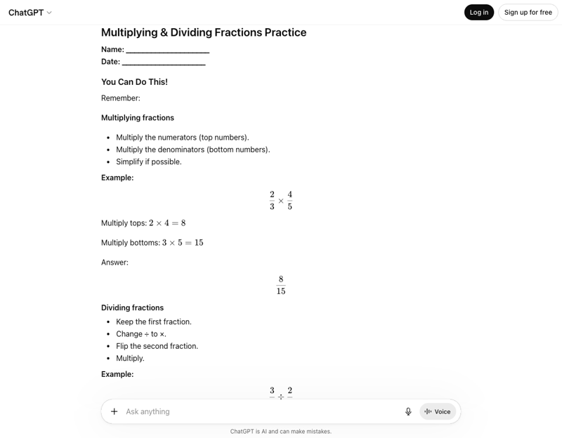 ChatGPT generating a custom, leveled fractions worksheet with a worked example and answer key — minutes of prep instead of an evening.