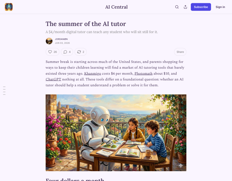 The “summer of the AI tutor” — coverage in 2026 lays out the cost gap between $44/year AI tutors and $25–80/hour human tutoring.