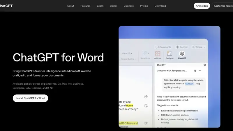 OpenAI’s official ChatGPT for Word product page confirming availability across Free, Go, Plus, Pro, Business, Enterprise, Edu, Teachers, and K-12 plans
