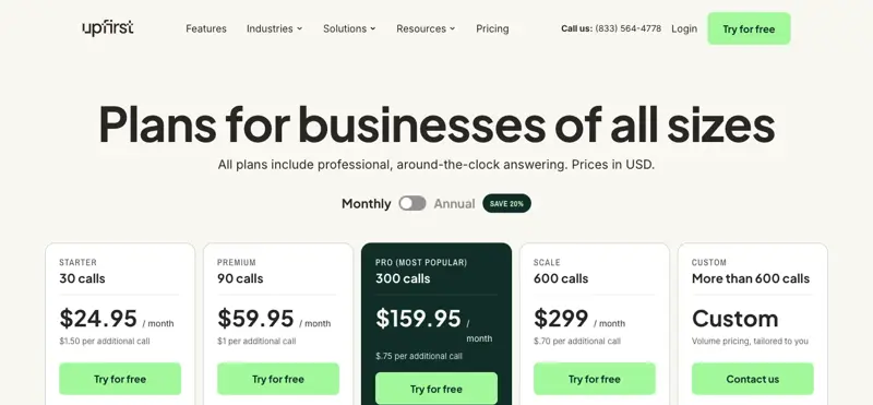 Upfirst’s public pricing page for its AI answering service, showing plans from $24.95/month (30 calls) to $299/month (600 calls)