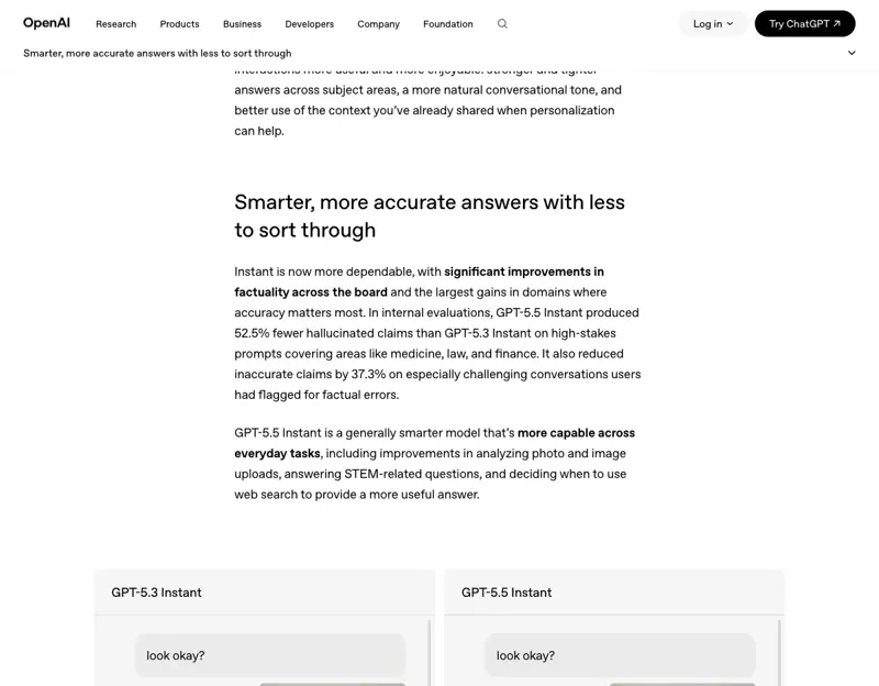 OpenAI’s announcement text on hallucination reduction — 52.5% fewer hallucinated claims on high-stakes prompts