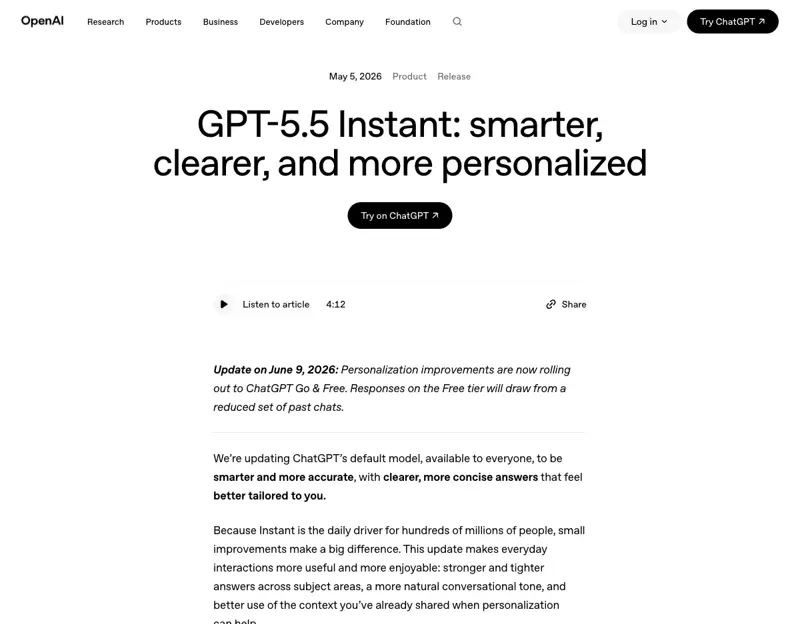 OpenAI’s GPT-5.5 Instant announcement with the June 9, 2026 update note about personalization rolling out to Go and Free