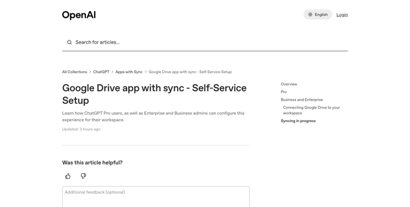 OpenAI’s official Google Drive app with sync setup page, showing separate instructions for Pro users and Business/Enterprise admins