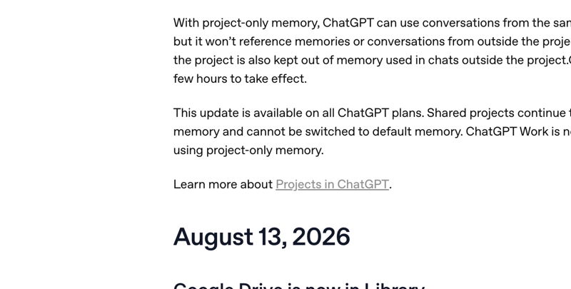 OpenAI’s ChatGPT release notes page confirming August 13, 2026 as the date Google Drive entered the Library