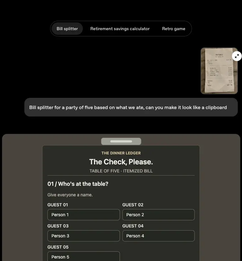 OpenAI’s launch-post demo of a bill splitter: a photo of a receipt, the prompt “Bill splitter for a party of five based on what we ate, can you make it look like a clipboard,” and the interactive clipboard ChatGPT built