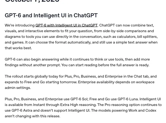 The October 7, 2026 entry in OpenAI’s ChatGPT release notes: GPT-6 and Intelligent UI, with the rollout dates and the line that Free and Go use GPT-6 Luna