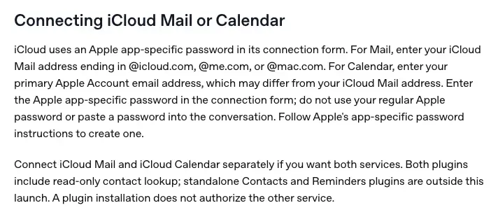 OpenAI’s help page section titled Connecting iCloud Mail or Calendar, explaining which email address each plugin takes and that the two are connected separately