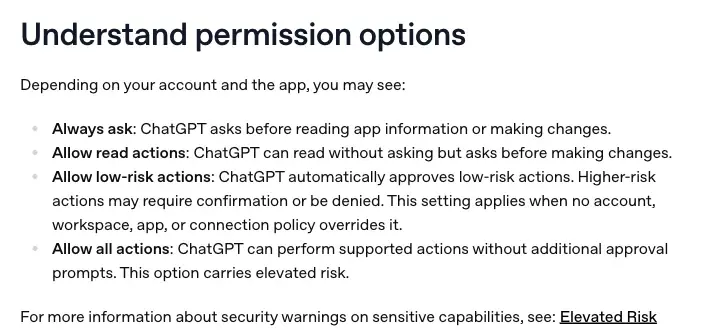 OpenAI’s help page listing four permission options: Always ask, Allow read actions, Allow low-risk actions and Allow all actions, each with a one-line description