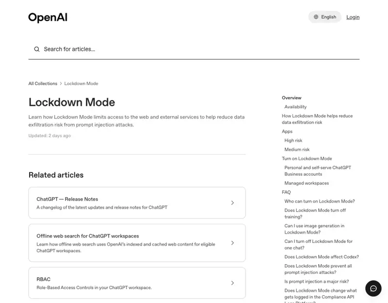 OpenAI’s Help Center article on Lockdown Mode, explaining how it limits web and external-service access to reduce data exfiltration risk from prompt injection