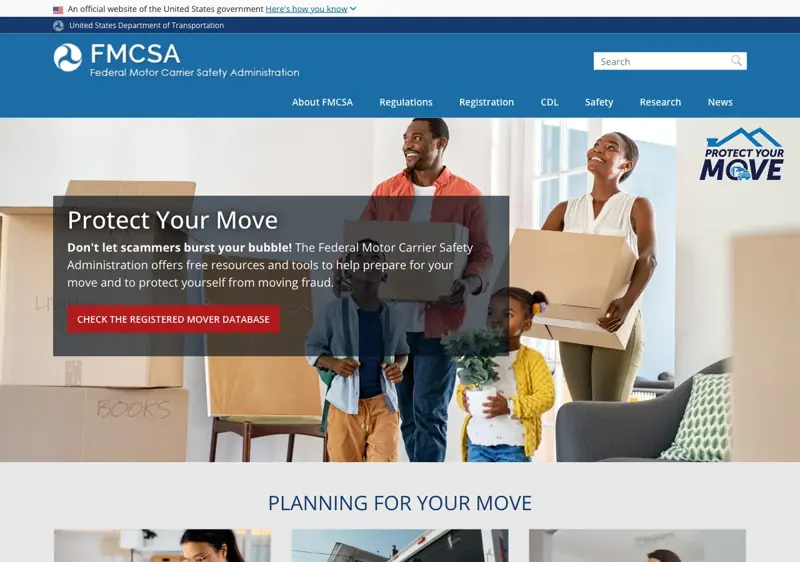 FMCSA’s Protect Your Move consumer site, the federal resource covering registered movers, written estimates, and moving fraud protection