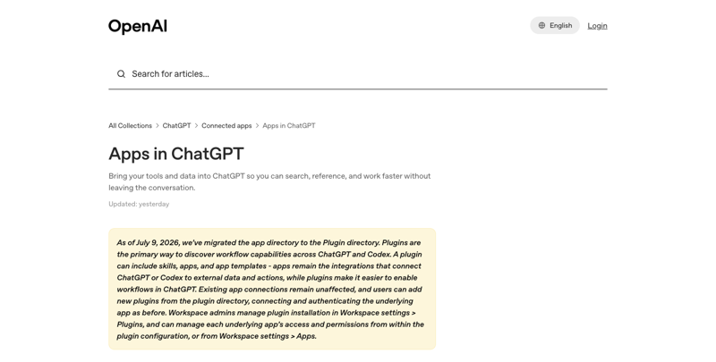 OpenAI’s official “Apps in ChatGPT” help center documentation page describing connector setup and permissions