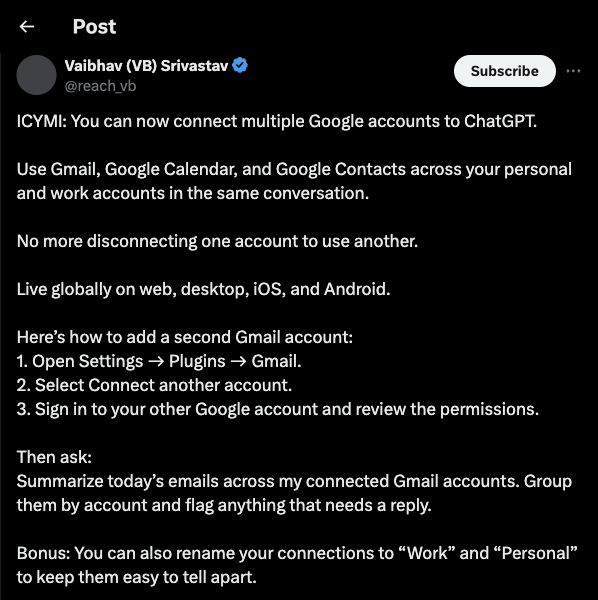 Community how-to thread from X showing the exact steps to connect a second Gmail account to ChatGPT via Settings → Plugins → Gmail → Connect another account
