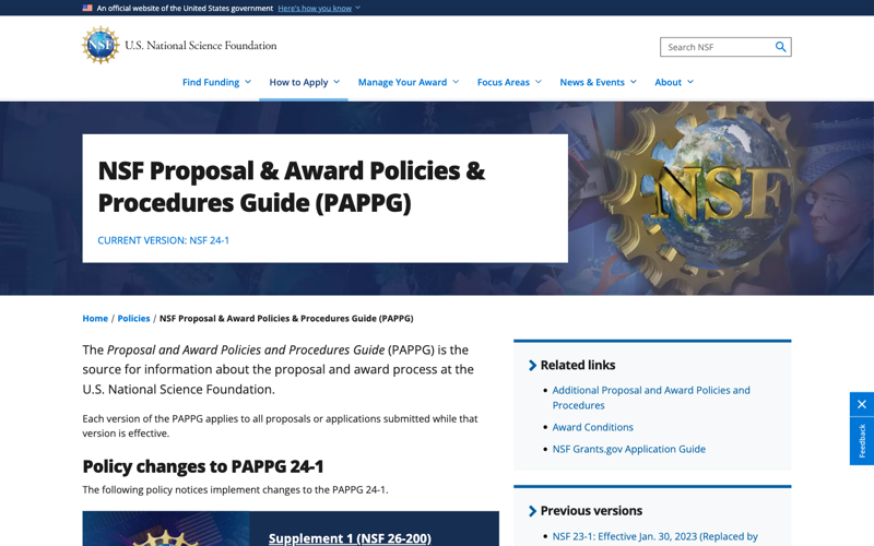 The official NSF Proposal & Award Policies & Procedures Guide page (PAPPG) — the document defining current AI-disclosure expectations