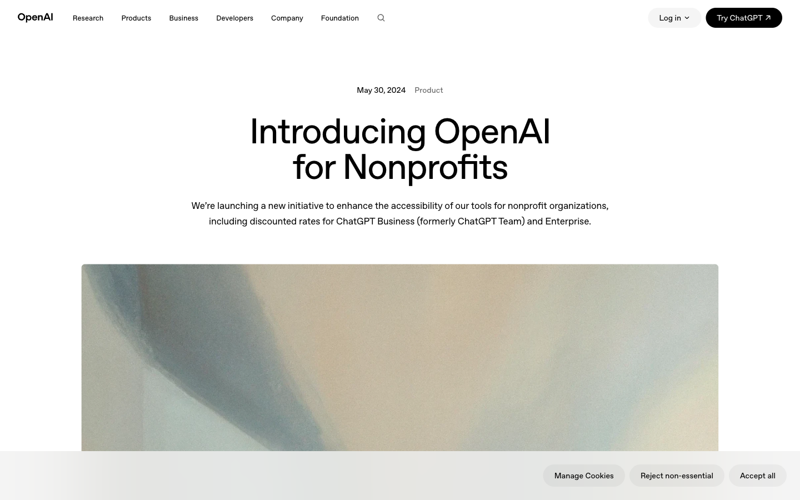 The OpenAI for Nonprofits launch page showing the $8/month ChatGPT Team eligibility, 75% Enterprise discount, and People-First AI Fund details