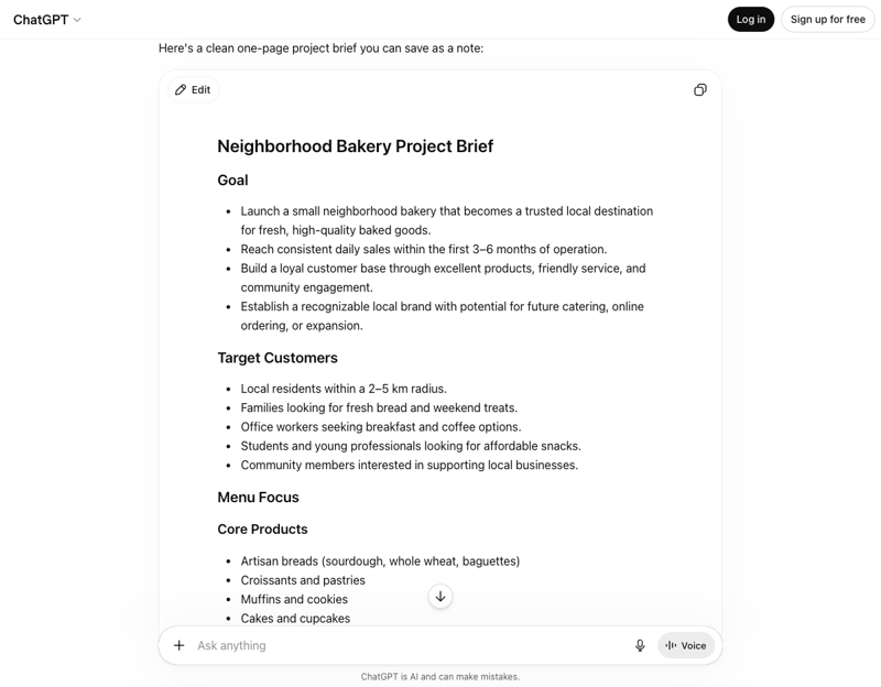 A long-form answer in ChatGPT shown in a document-style block with an Edit button — expand it full-screen and save it to the Library to turn it into a note.