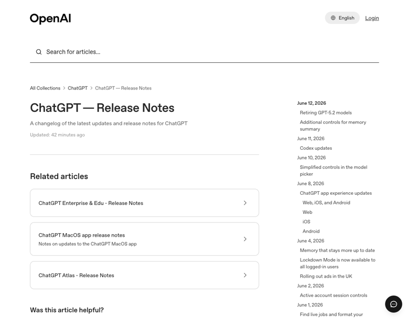 OpenAI’s ChatGPT release notes document the rollout of new features through 2026 — the “writing blocks” update is what people are calling the Notes feature.