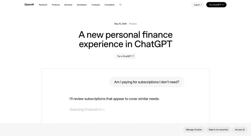 OpenAI’s official announcement page for the personal finance experience in ChatGPT