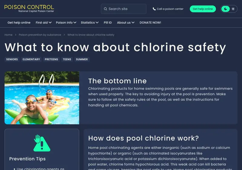 Poison Control’s chlorine safety page, headlined “What to know about chlorine safety,” explaining that chlorinating products are safe when used properly and that handling instructions must be followed