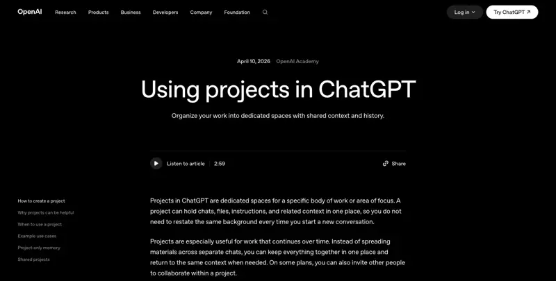 OpenAI’s official Academy page defining Projects: “dedicated spaces for a specific body of work,” holding chats, files, instructions, and related context in one place
