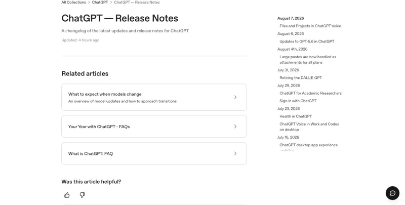 OpenAI’s official ChatGPT Release Notes page confirming the August 7, 2026 update: GPT-Live in ChatGPT Voice now supports file uploads and Projects
