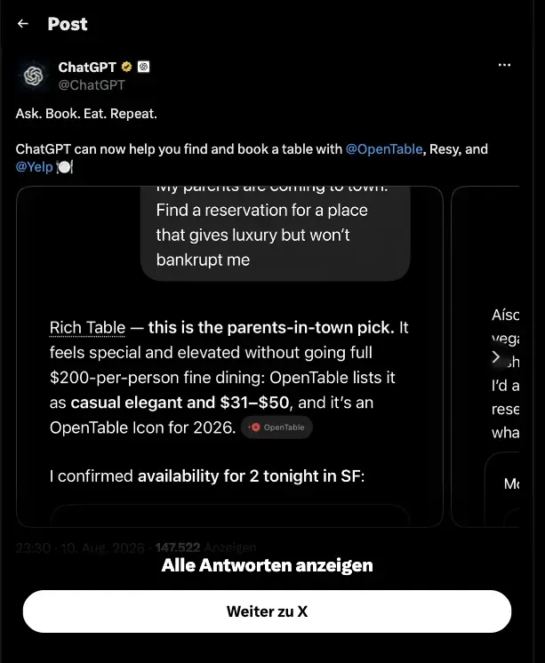 OpenAI’s official @ChatGPT announcement post on X: “Ask. Book. Eat. Repeat.” — with a real demo showing a restaurant recommendation and confirmed same-night availability