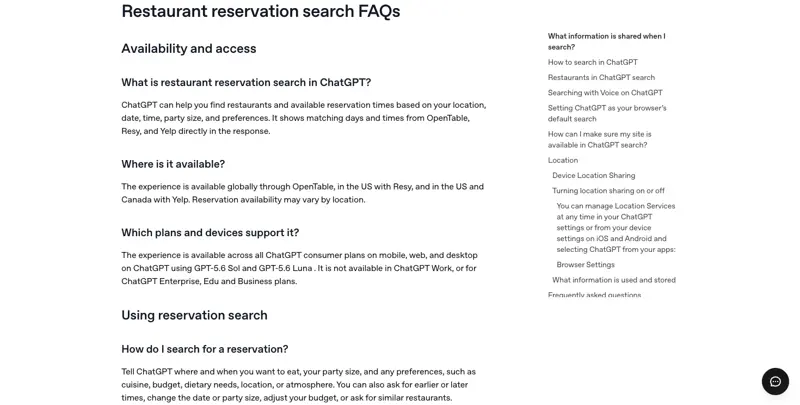 OpenAI’s official Restaurant Reservation Search FAQ page, covering availability, plan support, and what happens after a booking is confirmed