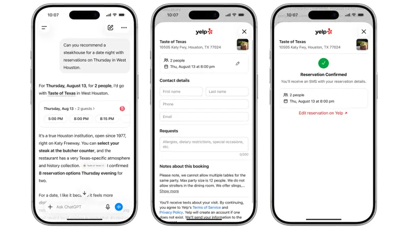 The actual ChatGPT-to-Yelp booking flow: three screens showing a ChatGPT restaurant recommendation, the Yelp reservation form pre-filled with party size and time, and a confirmed booking
