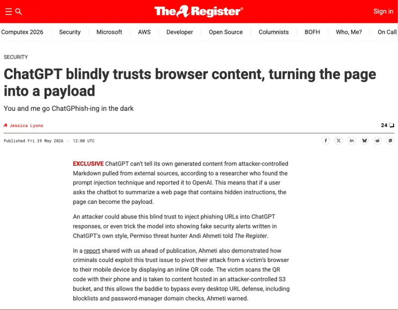 The Register’s report on the ChatGPhish prompt-injection technique that turns ChatGPT summaries into phishing lures