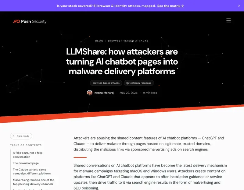 Push Security’s write-up of the LLMShare campaign, showing a fake ‘high traffic’ outage page hosted on a real chatgpt.com link