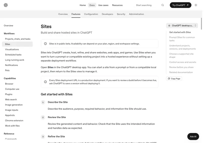 OpenAI’s official Sites documentation: describe, review, refine — every deployment URL is production